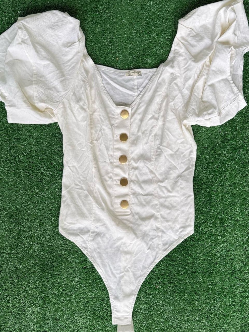 Free People Ivory Puff-Sleeve Bodysuit with Gold Buttons